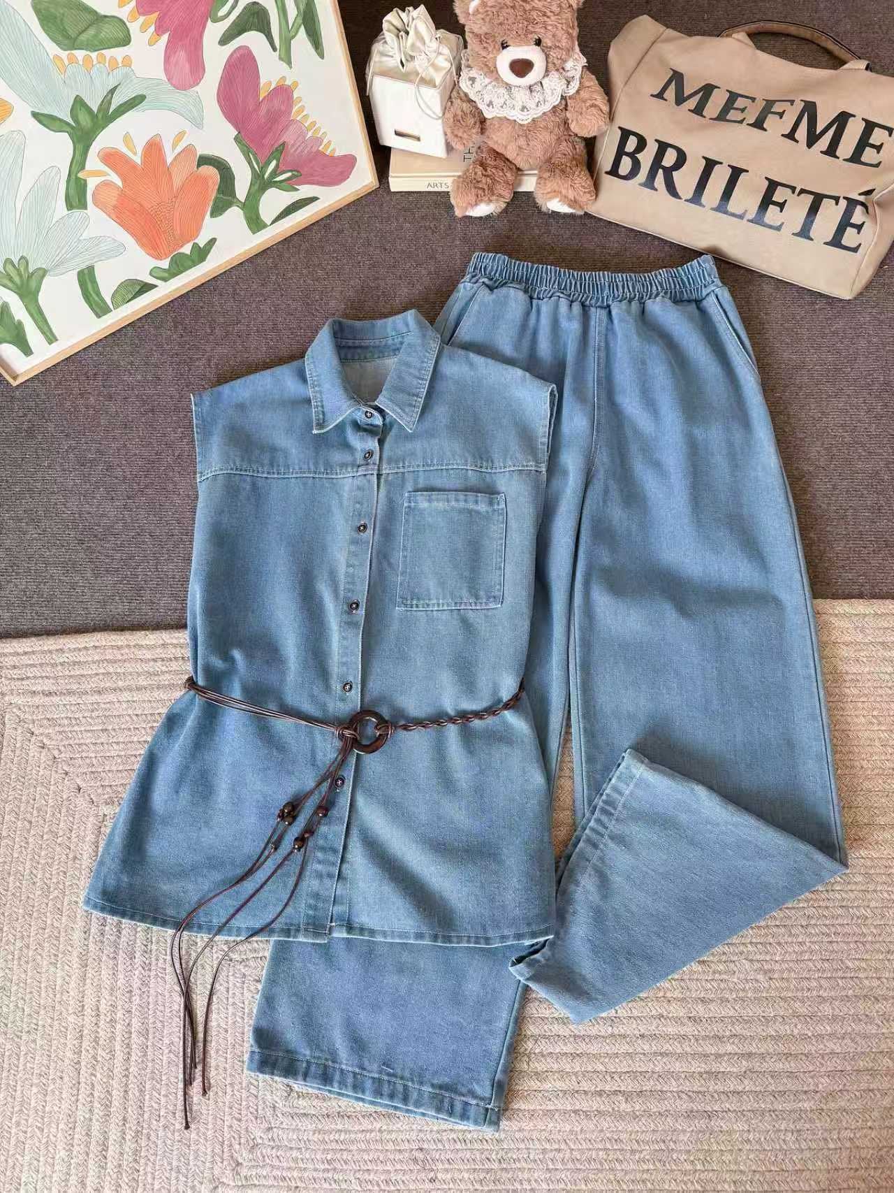 Pre-Order: Korean Denim Set - Sleeveless Button-Down & Wide Leg Pants | Smartshop