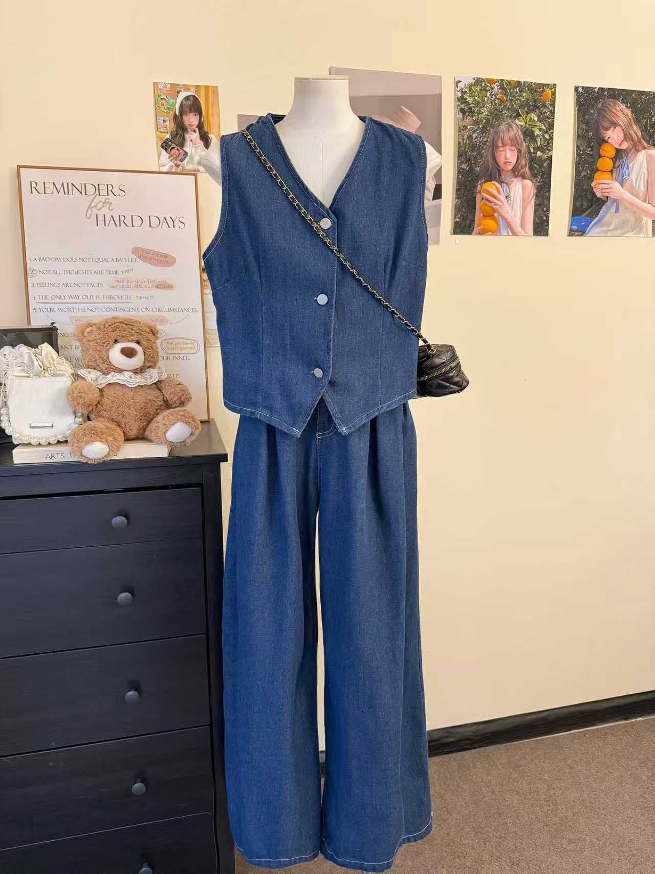 Pre-Order: Korean Denim Vest & Wide-Leg Pants Set | Smartshop