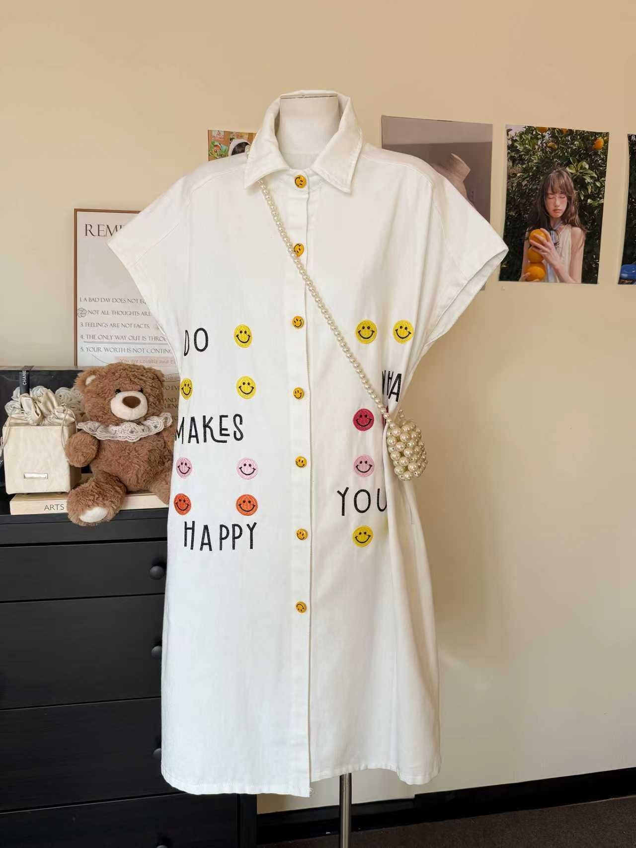 Pre-Order: Korean Smiley Button-Down Denim Shirt Dress | Smartshop