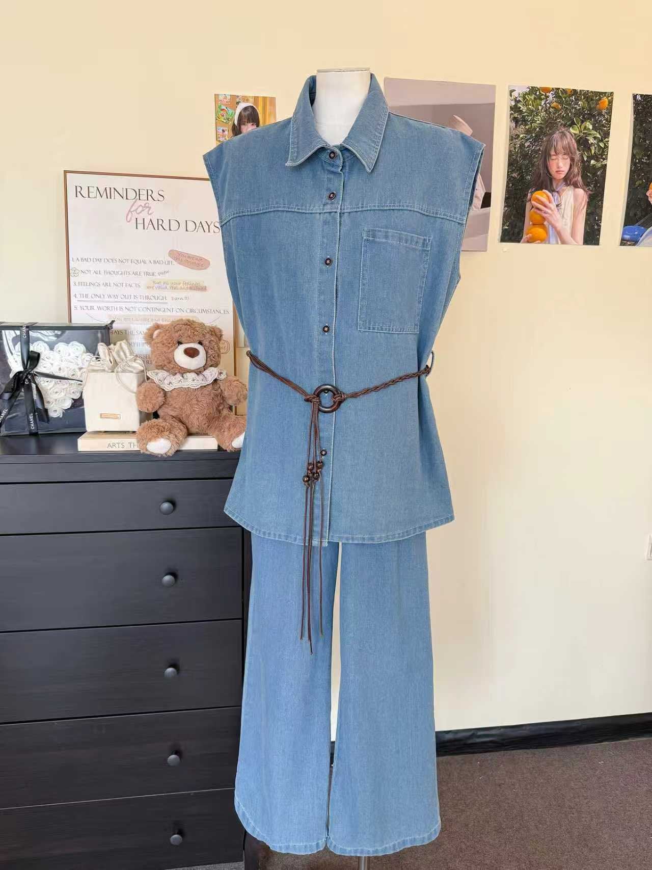 Pre-Order: Korean Denim Set - Sleeveless Button-Down & Wide Leg Pants | Smartshop