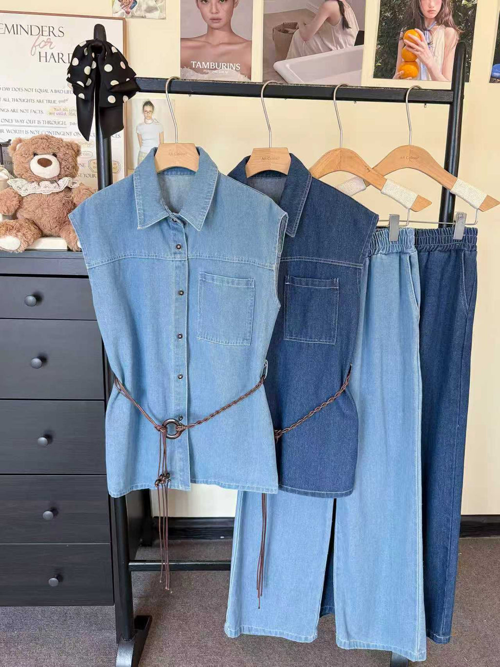 Pre-Order: Korean Denim Set - Sleeveless Button-Down & Wide Leg Pants | Smartshop