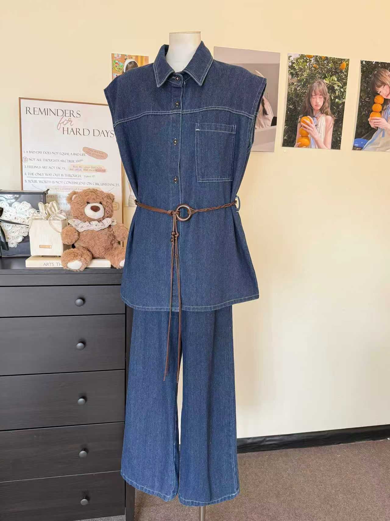 Pre-Order: Korean Denim Set - Sleeveless Button-Down & Wide Leg Pants | Smartshop