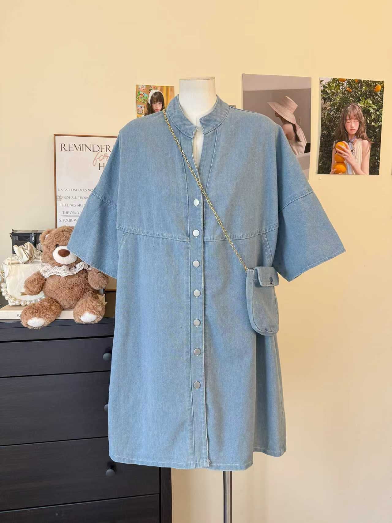Pre-Order Korean V-Neck Denim Button-Down Dress | Smartshop