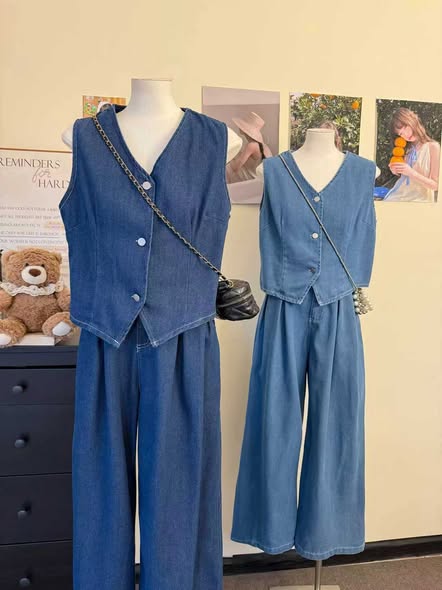 Pre-Order: Korean Denim Vest & Wide-Leg Pants Set | Smartshop