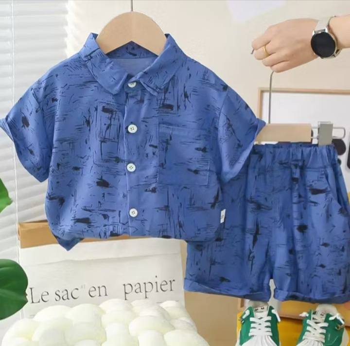 Preorder: Boys' Abstract Print Polo & Shorts Terno Set - Blue