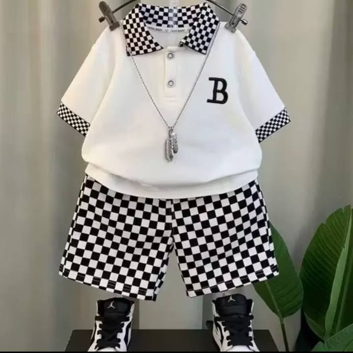 Boys' Checkered Polo Terno Set - Trendy Black & White Streetwear Outfit