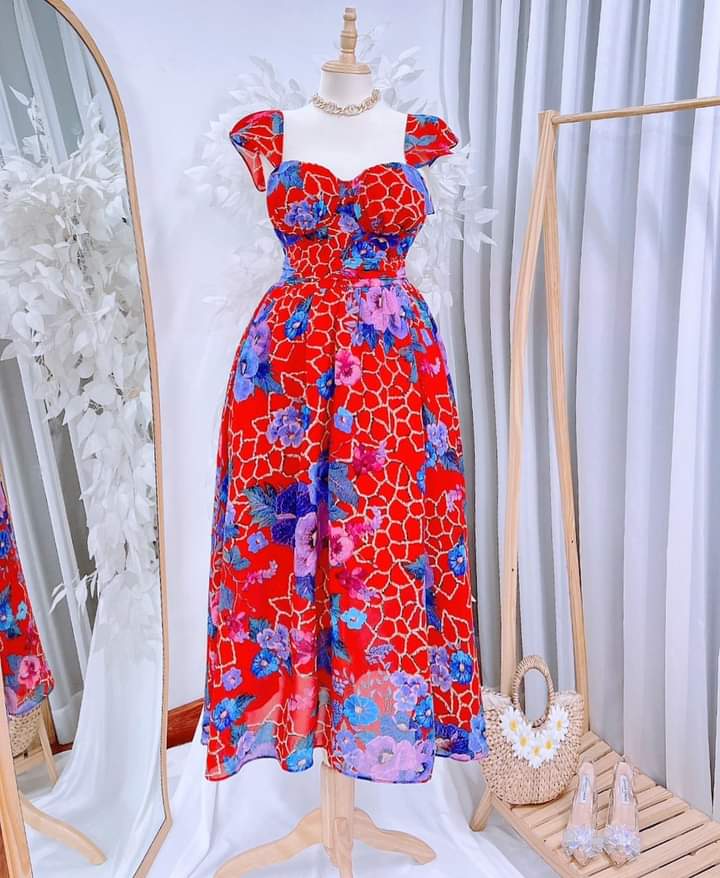Scarlet Bloom Red Floral Padded Chiffon Midi Dress with vibrant blue floral patterns.