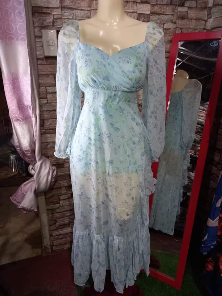 Vietnam Ai Dao Ethereal Chiffon Padded Maxi Dress in soft pastel blue floral, elegant and airy design, perfect for special occasions.