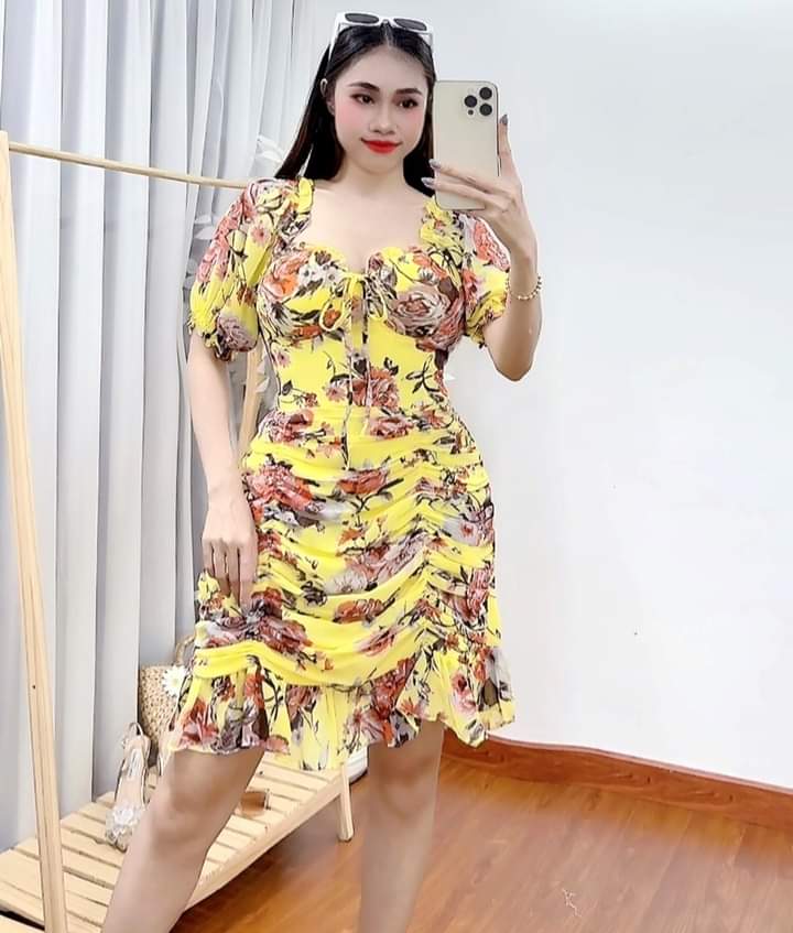 Sunkissed Style Floral Padded Chiffon Dress showcasing floral print in yellow and red.