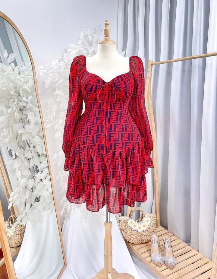 Vietnam Logo Print Chiffon Mini Dress featuring a vibrant red and black monogram design.